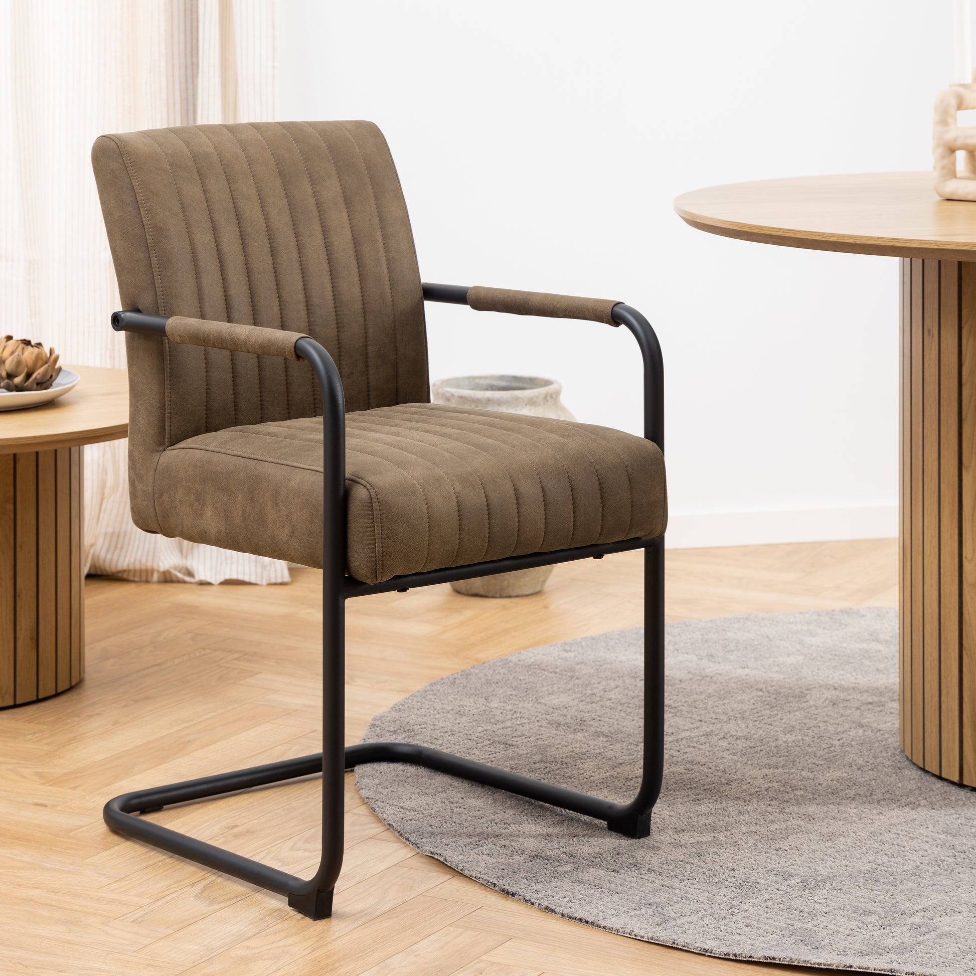 Yale Dining Table in Oak 120cm includes 4 Adele Dining Chairs in Light Brown Fabric