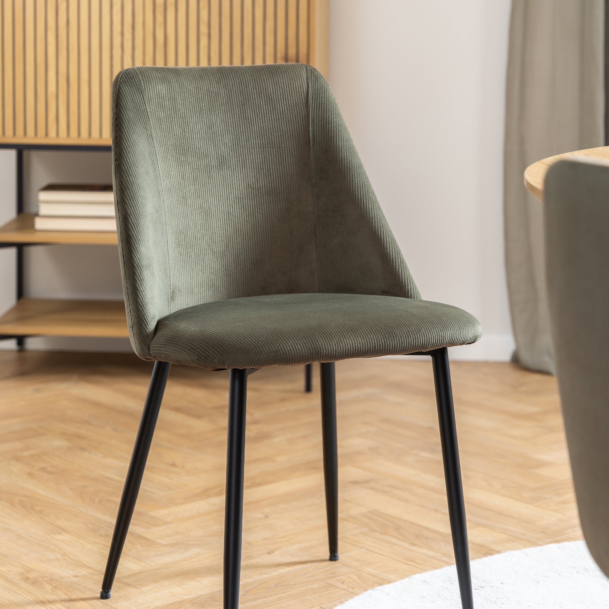Yale Dining Table in Oak 120cm includes 4 Ines Dining Chairs in Olive Green