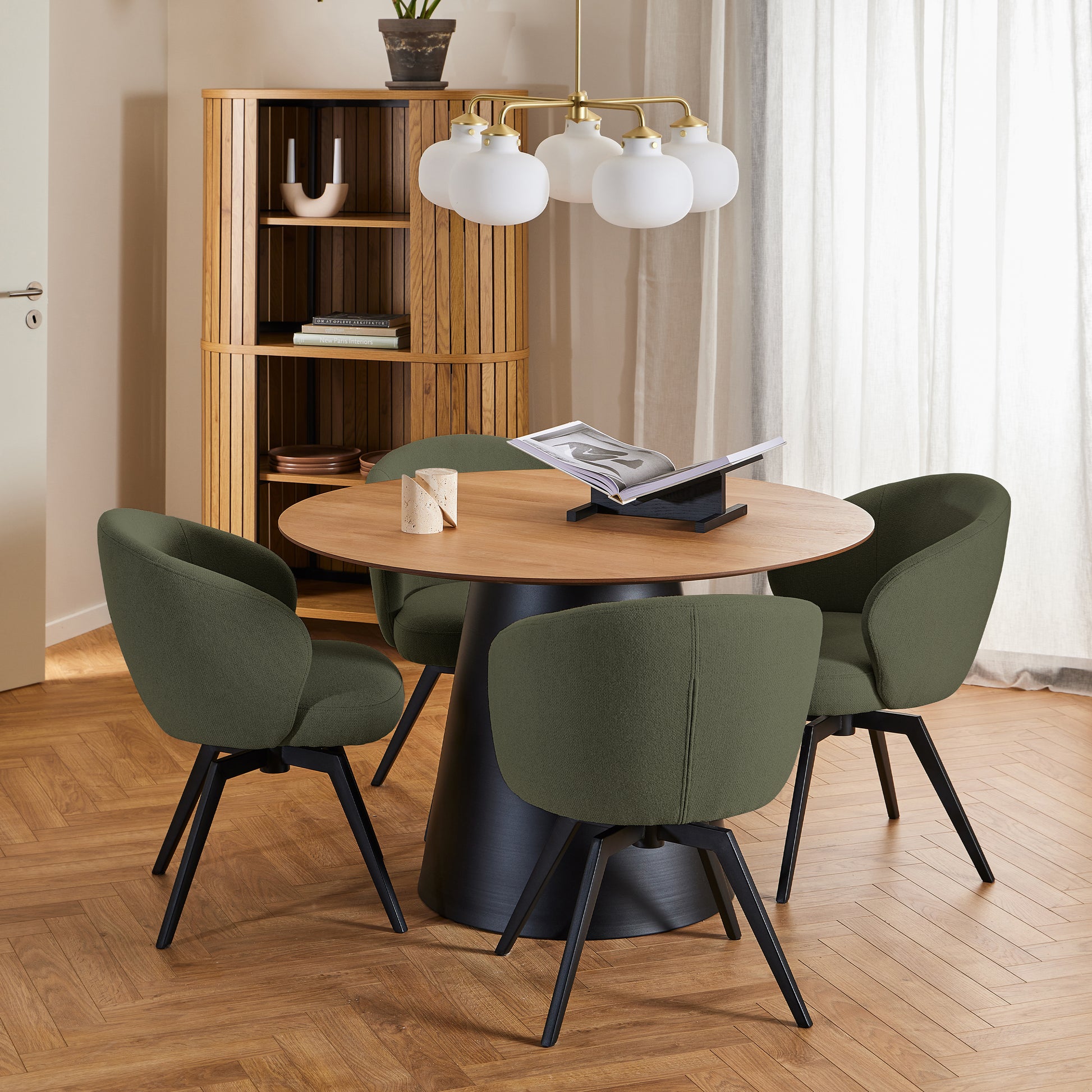 Soli Round Dining Table in Oak/Black 120cm includes 4 Darlene Dining Chairs with Armrest and Swivel Function in Green