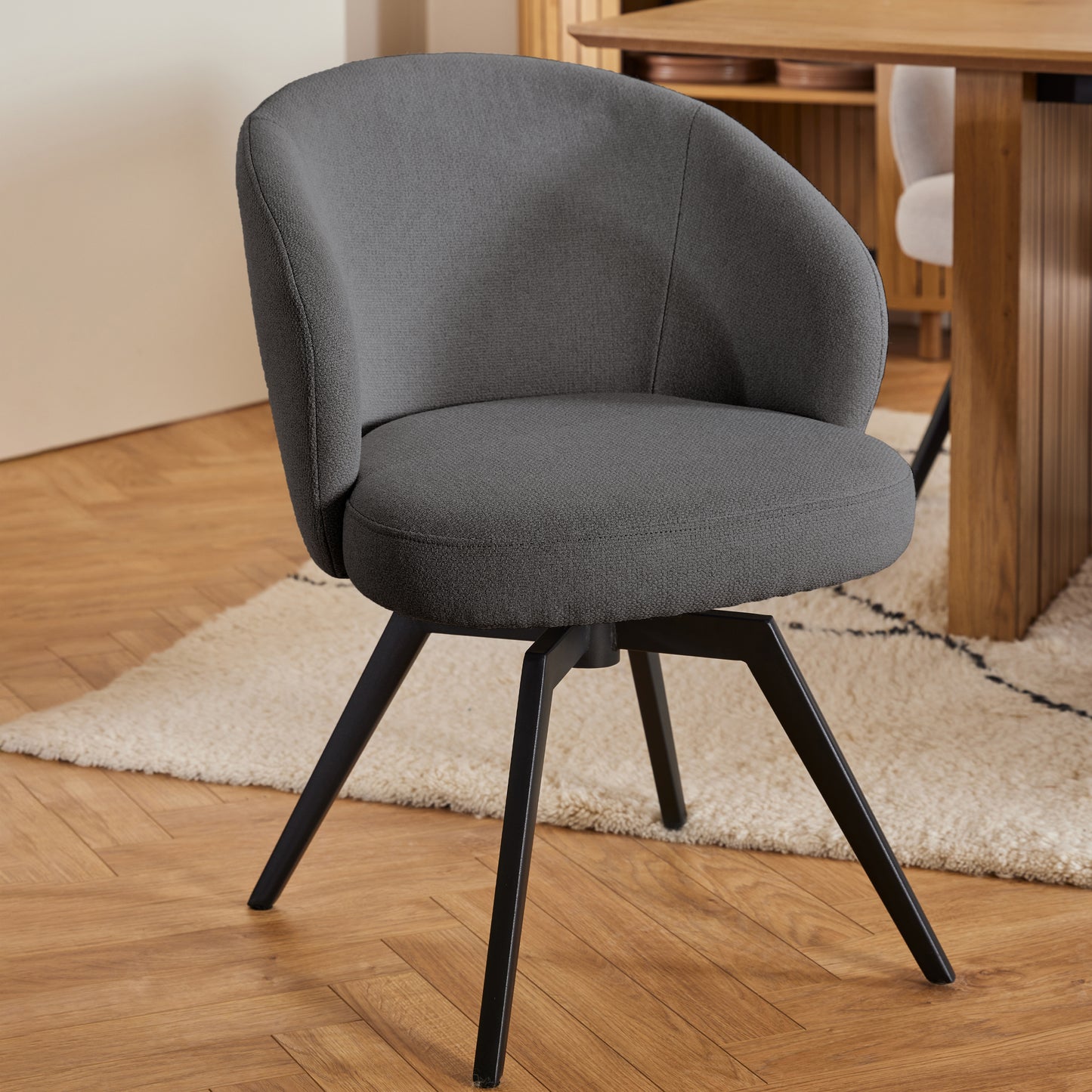 Soli Round Dining Table in Oak/Black 120cm includes 4 Darlene Dining Chairs with Armrest and Swivel Function in Grey