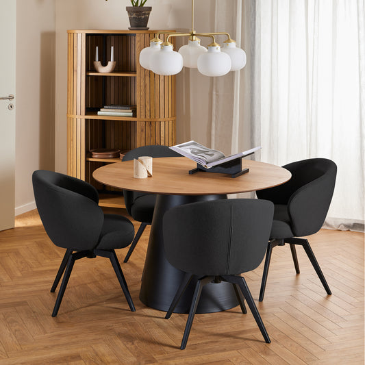 Soli Round Dining Table in Oak/Black 120cm includes 4 Darlene Dining Chairs with Armrest and Swivel Function in Black