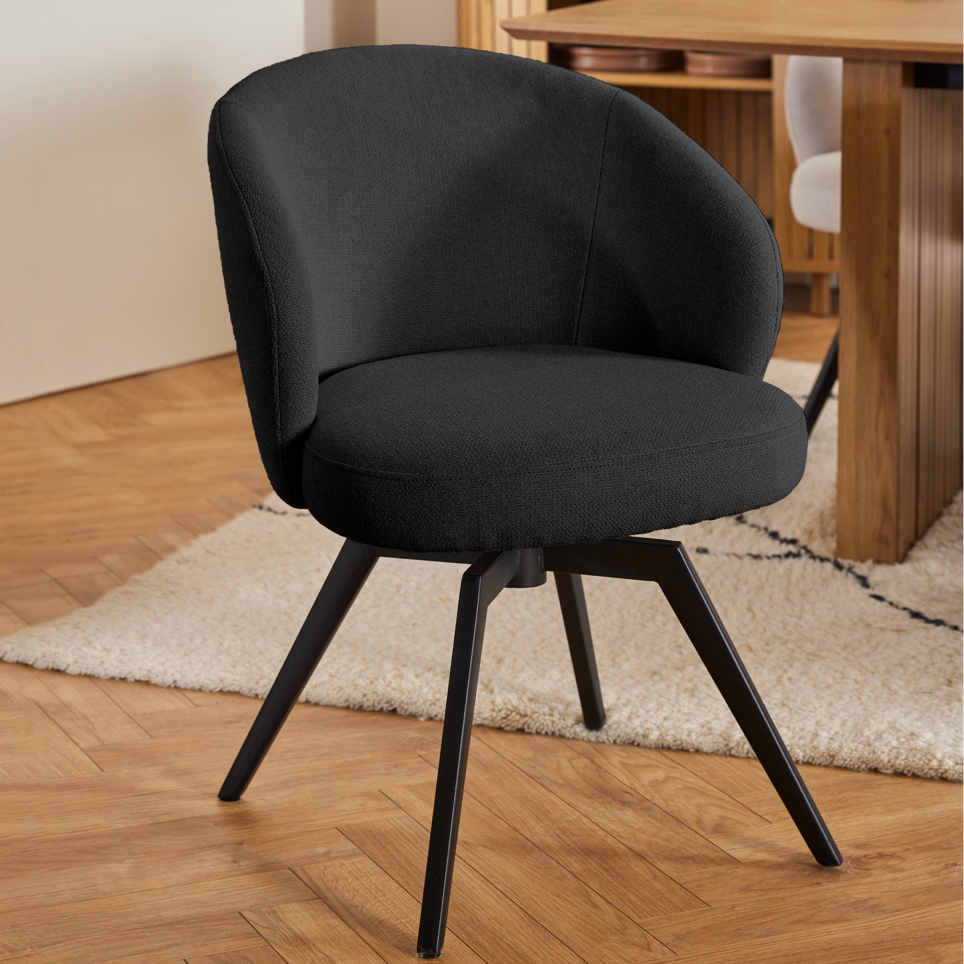 Soli Round Dining Table in Oak/Black 120cm includes 4 Darlene Dining Chairs with Armrest and Swivel Function in Black