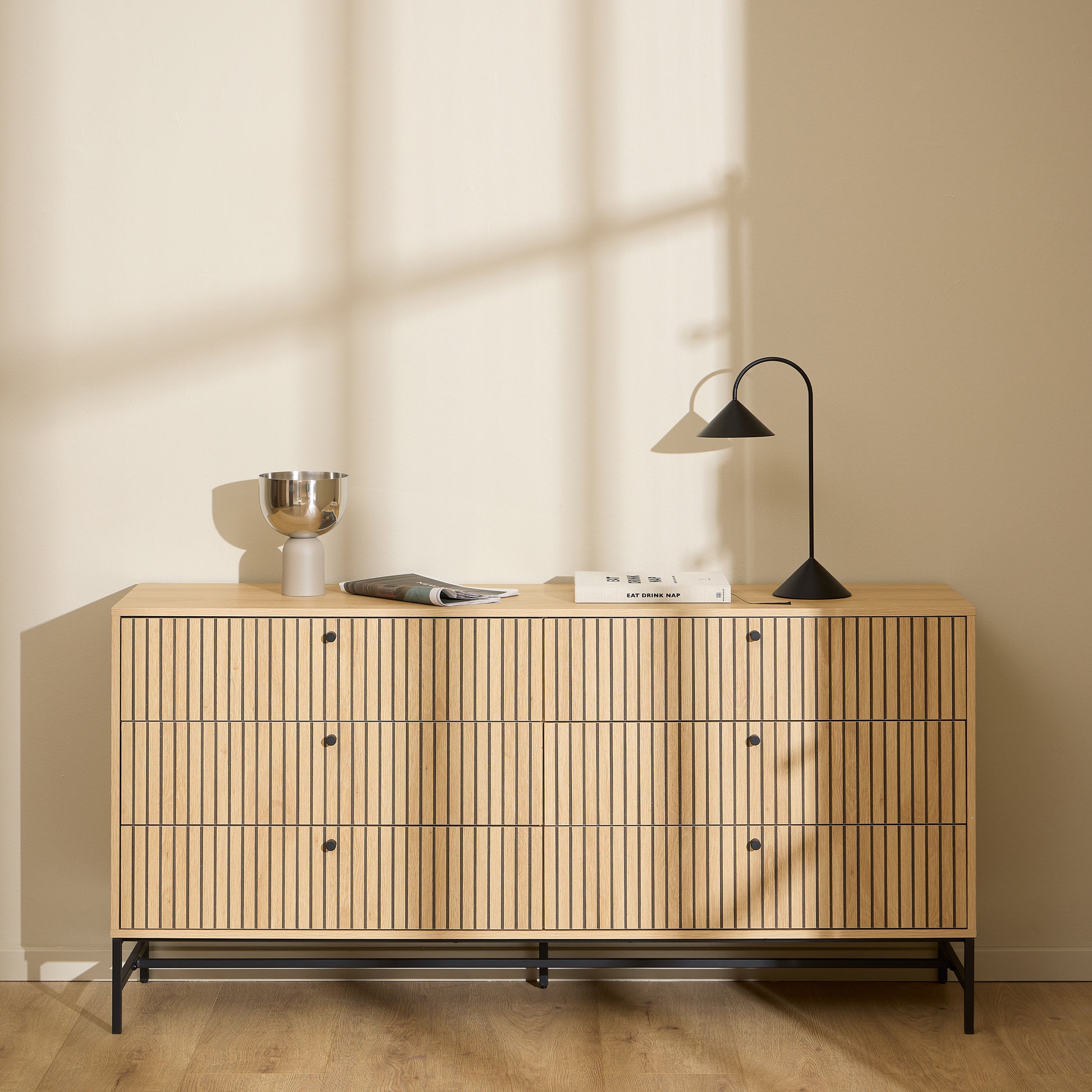 Albany Wide Chest of 6 Drawers in Oak/Black Legs