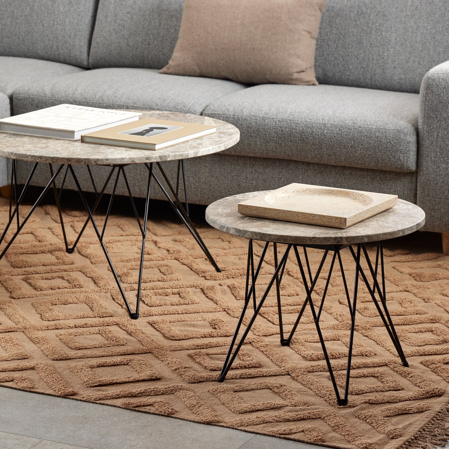 Prunus round Side Table in Grey Marble and Black Coated Steel Base 55x41.4cm