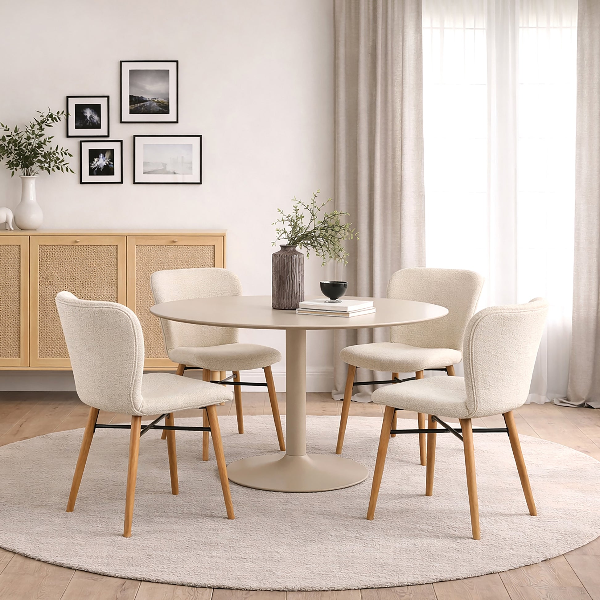 Ibiza Round Beige Dining Table with 4 Batilda Dining Chairs Cream/Oak