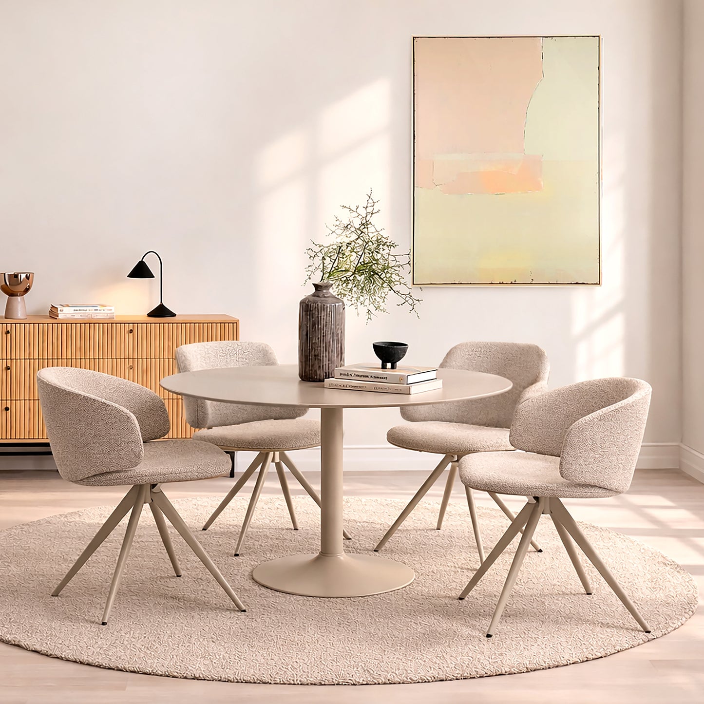 Ibiza Round Beige Dining Table with 4 Ella Swivel Cream Dining Chair