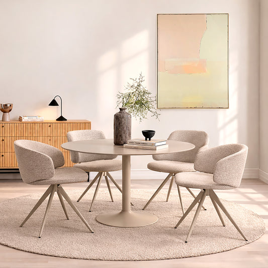 Ibiza Round Beige Dining Table with 4 Ella Swivel Cream Dining Chair