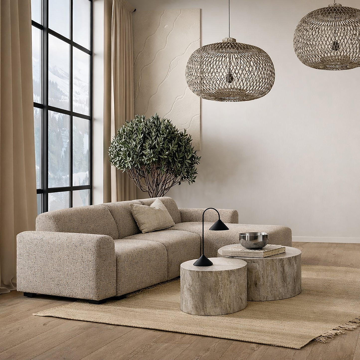 Midfield Left Hand Facing 2 Seater Chaise Longue in Boucle Beige Fabric